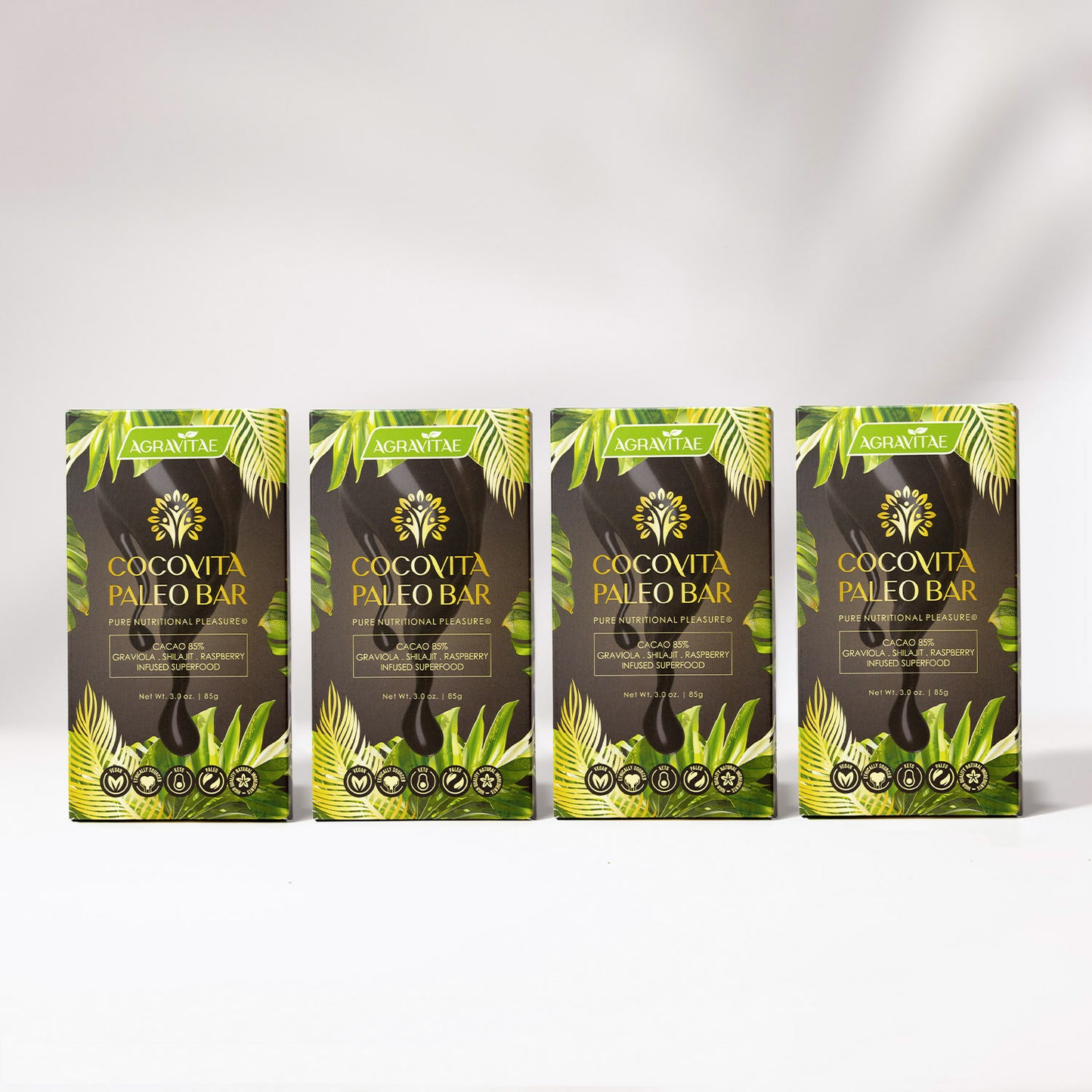 Paleo 85% Cacao Bar (4 PACK BUNDLE) With Graviola, Raspberry And Shilajit